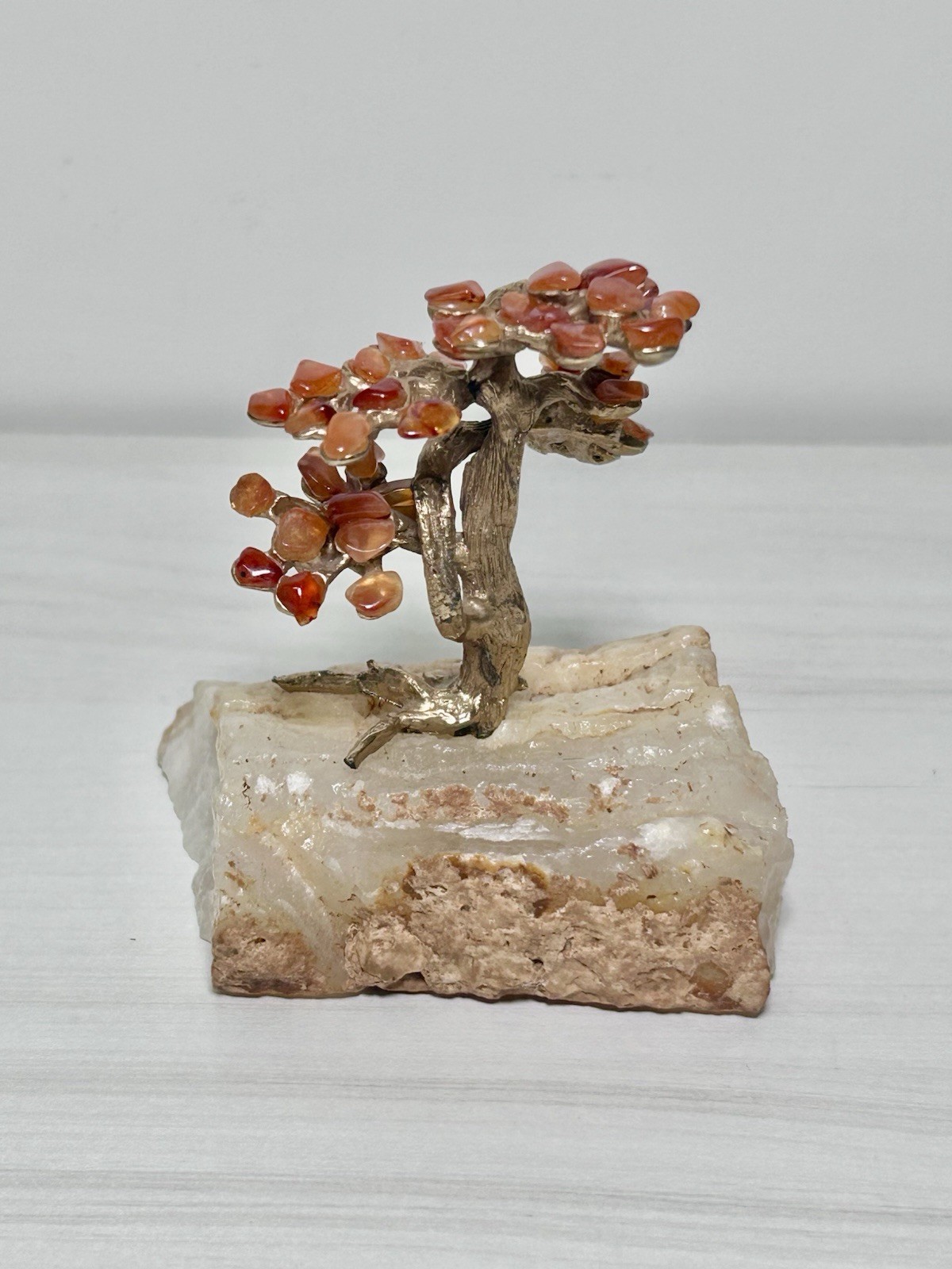 Vintage AMARO Stone & Gold Tone Metal BONSAI TREE SCULPTURE on Rock Signed