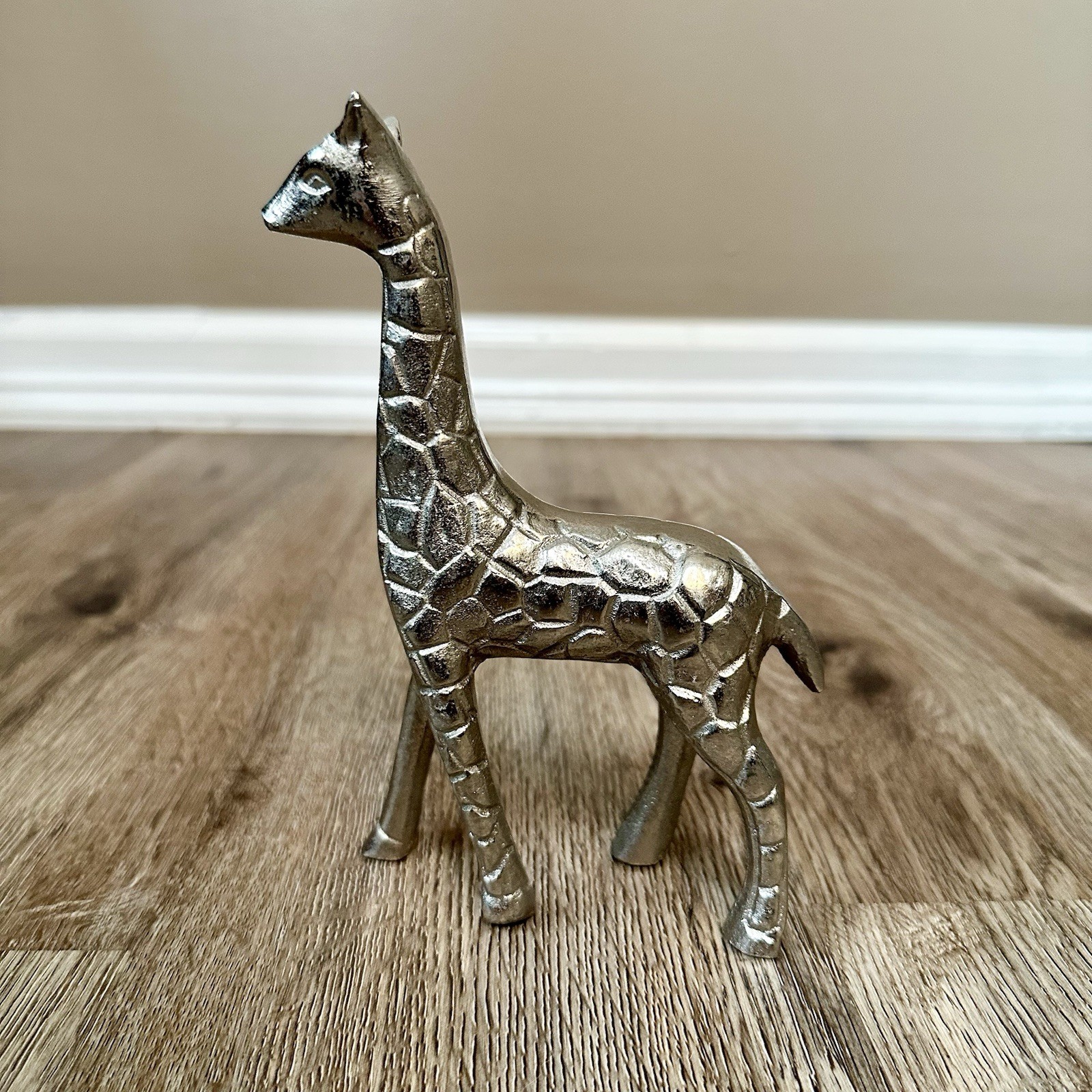 MCM Silver Tone Cast Metal Giraffe Figurine Statue Safari Animal 7” Tall