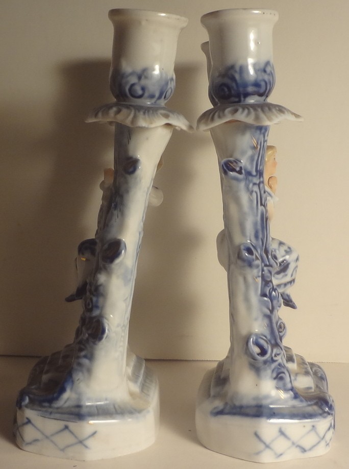 Antique 1860-1880 GERMAN PAIR of UNUSUAL CANDLEABRA Dresden Blue COURTING COUPLE