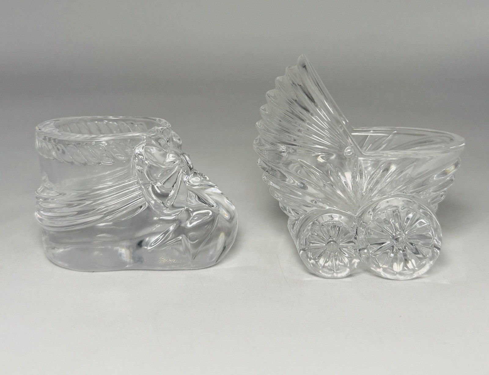 Avon 1993 Baby Bootie Clear Crystal Glass Shoe Baby Stroller Carriage Lot of 2