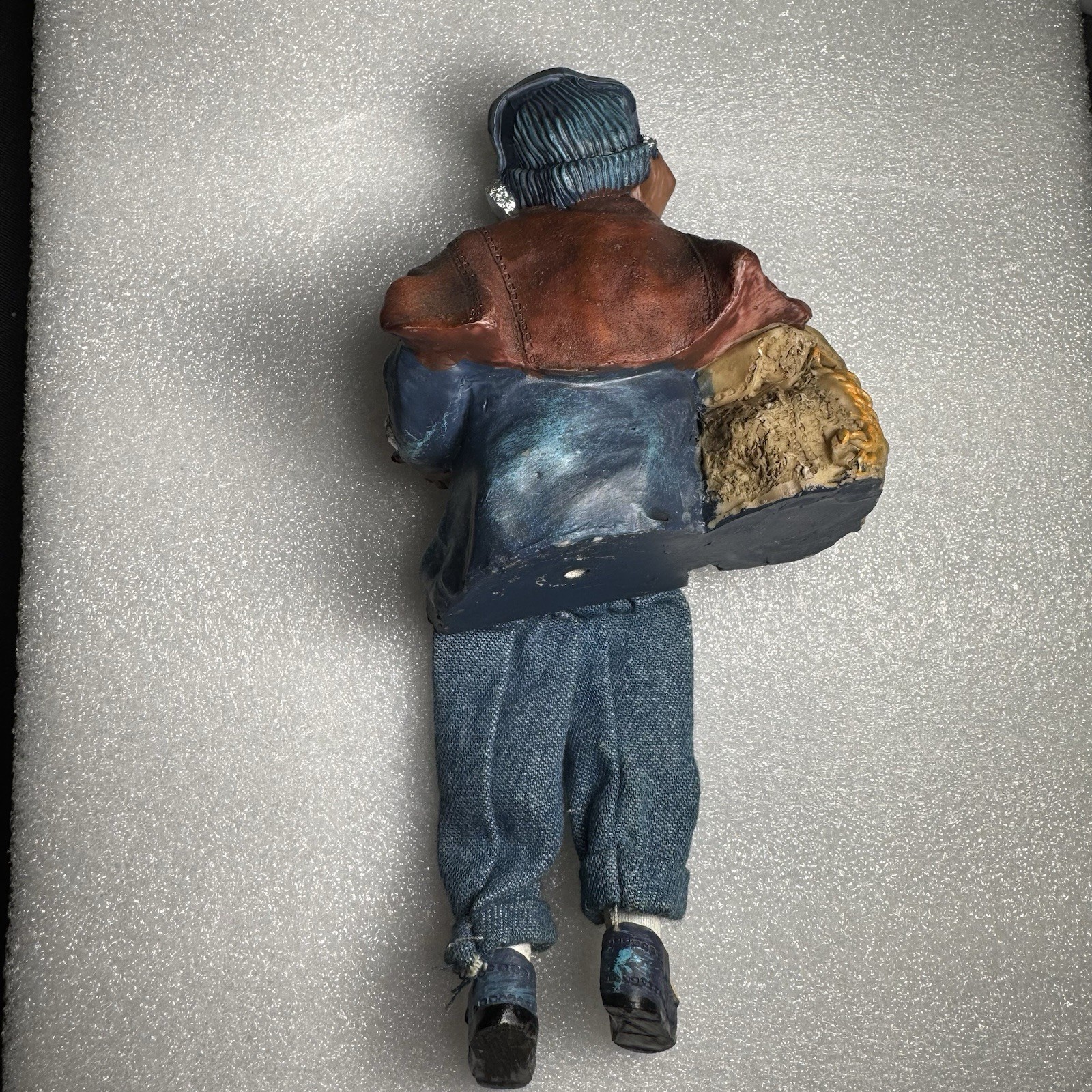 Black/African American Boy Shelf Sitter Radio Satchel Fabric Dangling Legs Resin