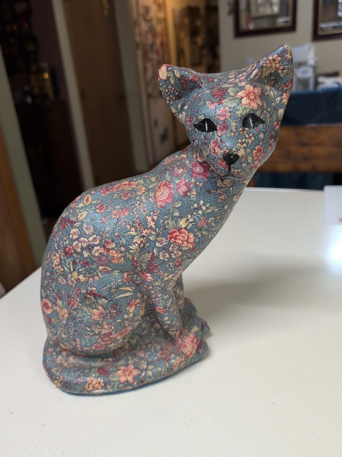 12″ Decoupage Cat Figurine Dark Blue Pink Green Chintz Floral Lace -Vintage