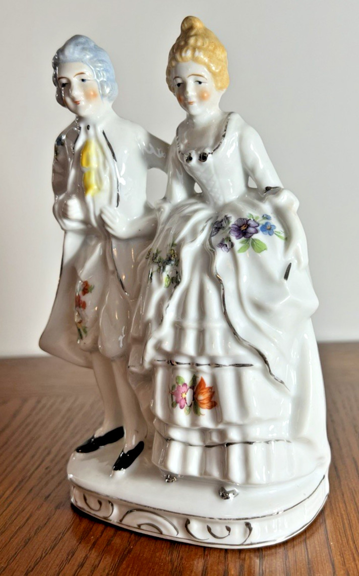 Porcelain Colonial Couple in White Formal Dress Figurine Victorian Made in Japan
