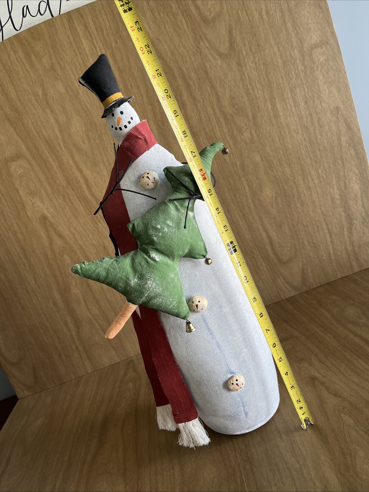 Painted Fabric Folk Art Rustic Snowman W Tree Christmas Decor Weighted 24”