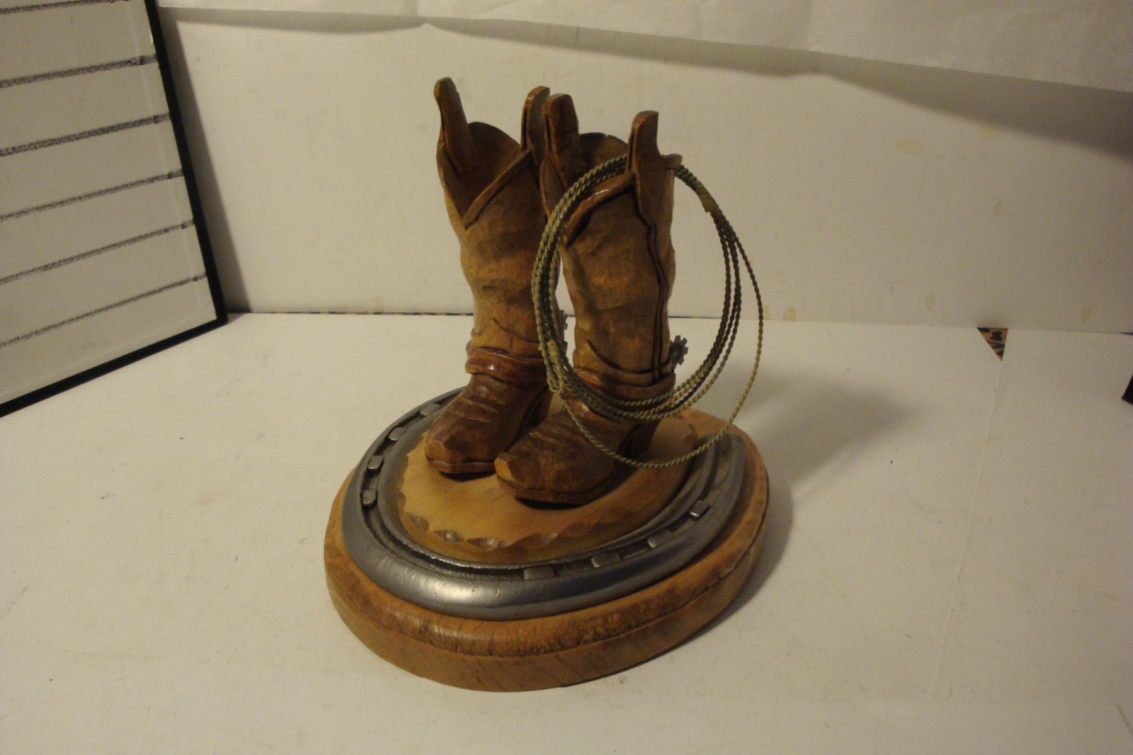 2012 J.L.Fritch wood carving cowboy boots and rope signed dated