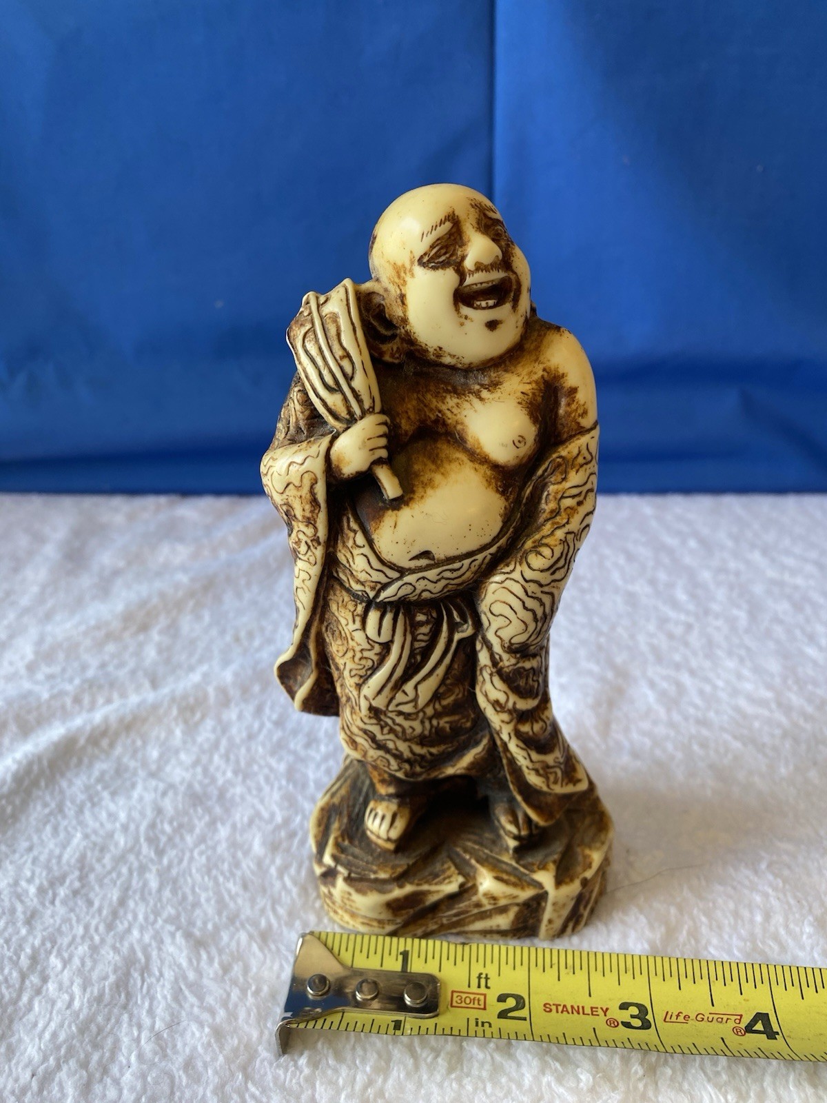 Carved Laughing Buddha Figurine Resin Antique Finish Beige Brown 6.5″