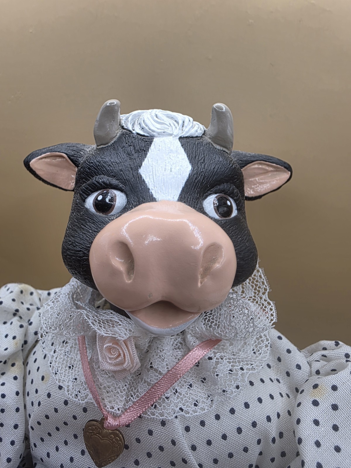 Vintage 1991 Wang’s International Country Farmhouse Ceramic Cow Doll with Stand