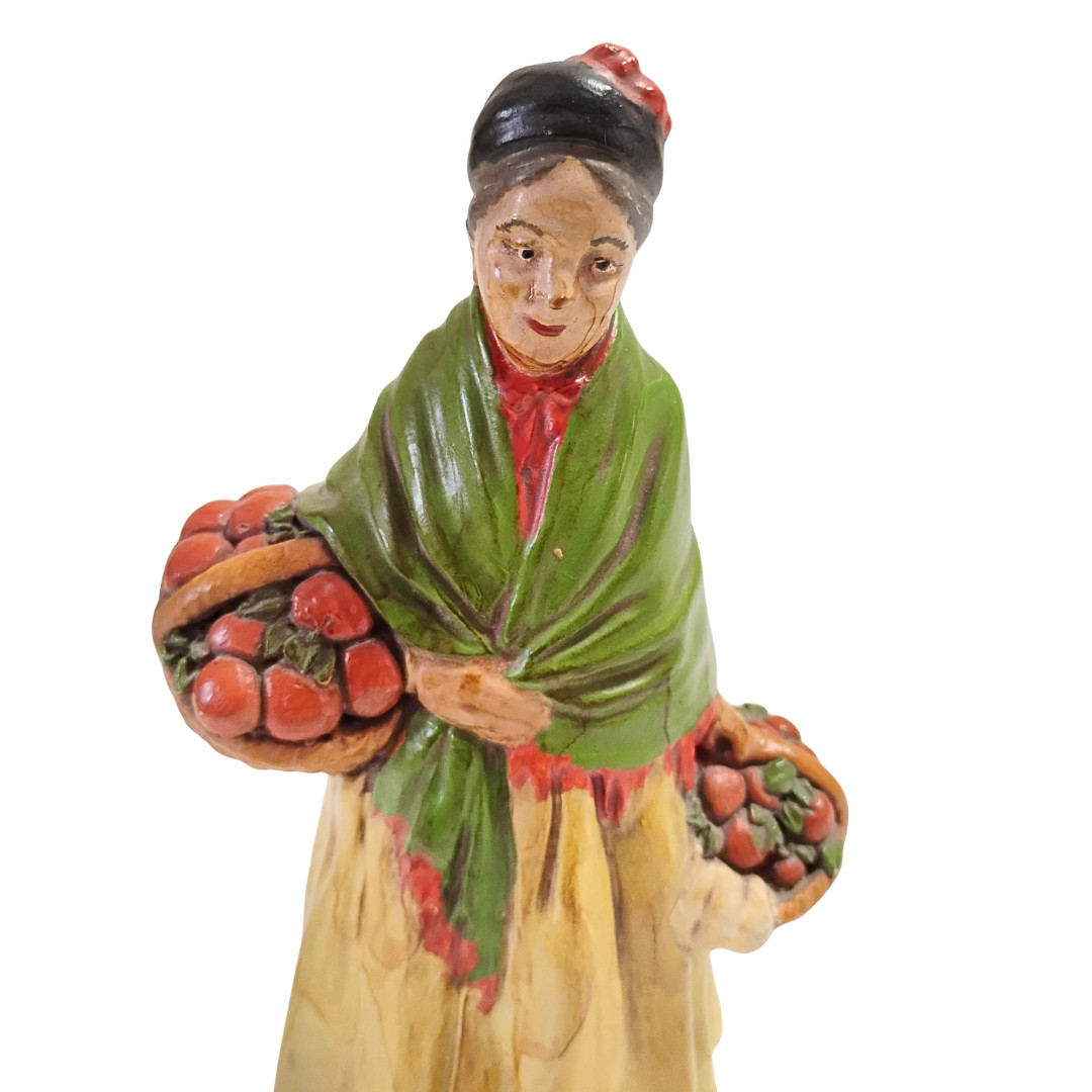 Vtg Wood Carving | Old Woman Carrying Apple Baskets | 8″ | Numbered on Bottom