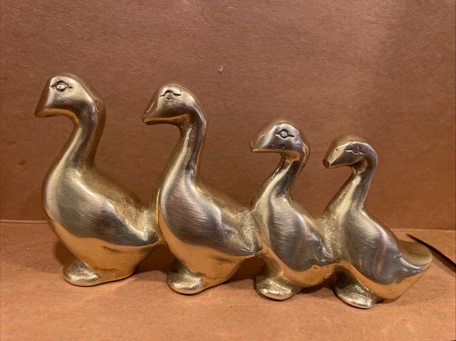 Vintage Solid Brass Family of Ducks Figurine Paperweight 4 in a Row 6 1/2″ Long