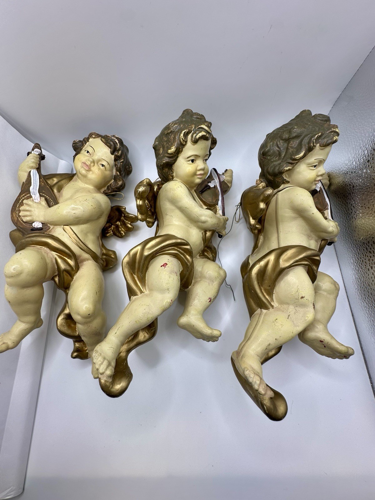 Large Vintage Plastic Hanging Renaissance Cherub Wings Playing Violin 10” Set 3