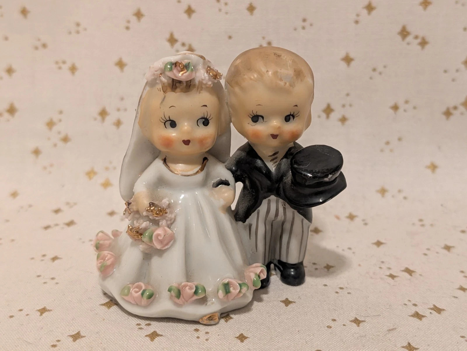 Vintage 1950s Lefton Porcelain Bell Bride Groom Cake Topper Wedding Decor Blonde