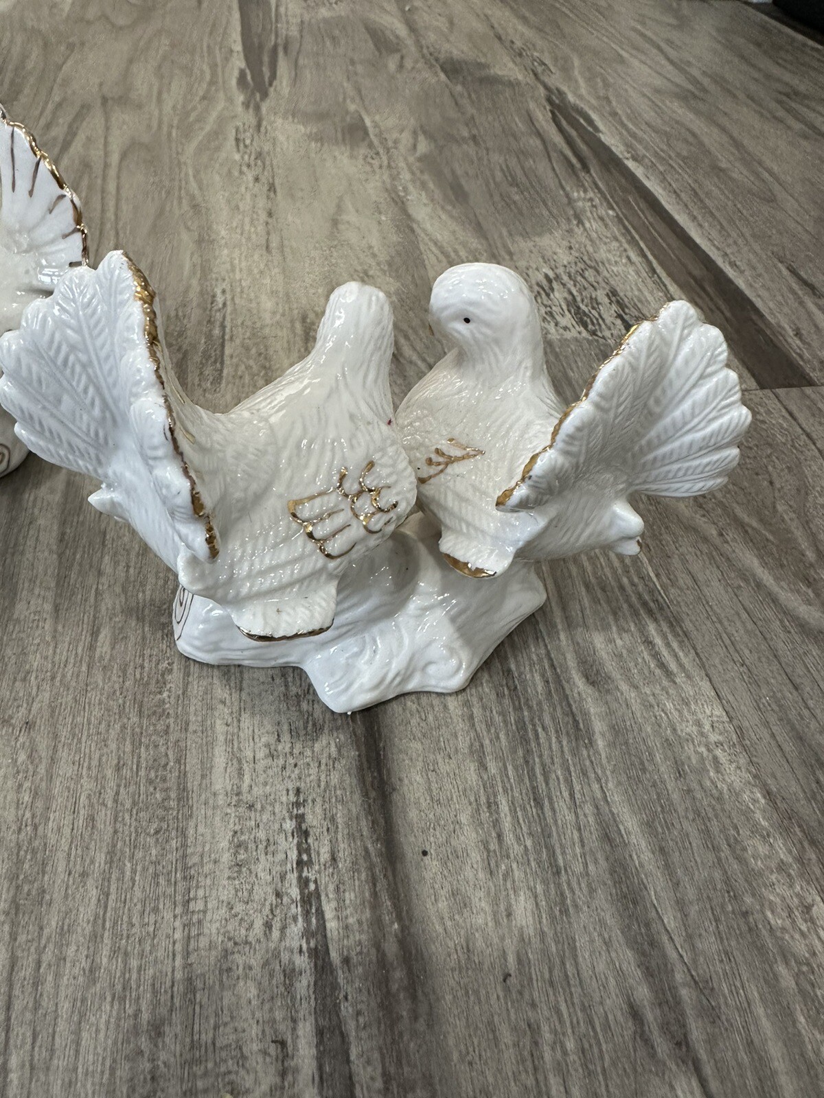 Set Of Three Vintage Figurine White Doves with Gold Detail and 3D Ceramic Flower