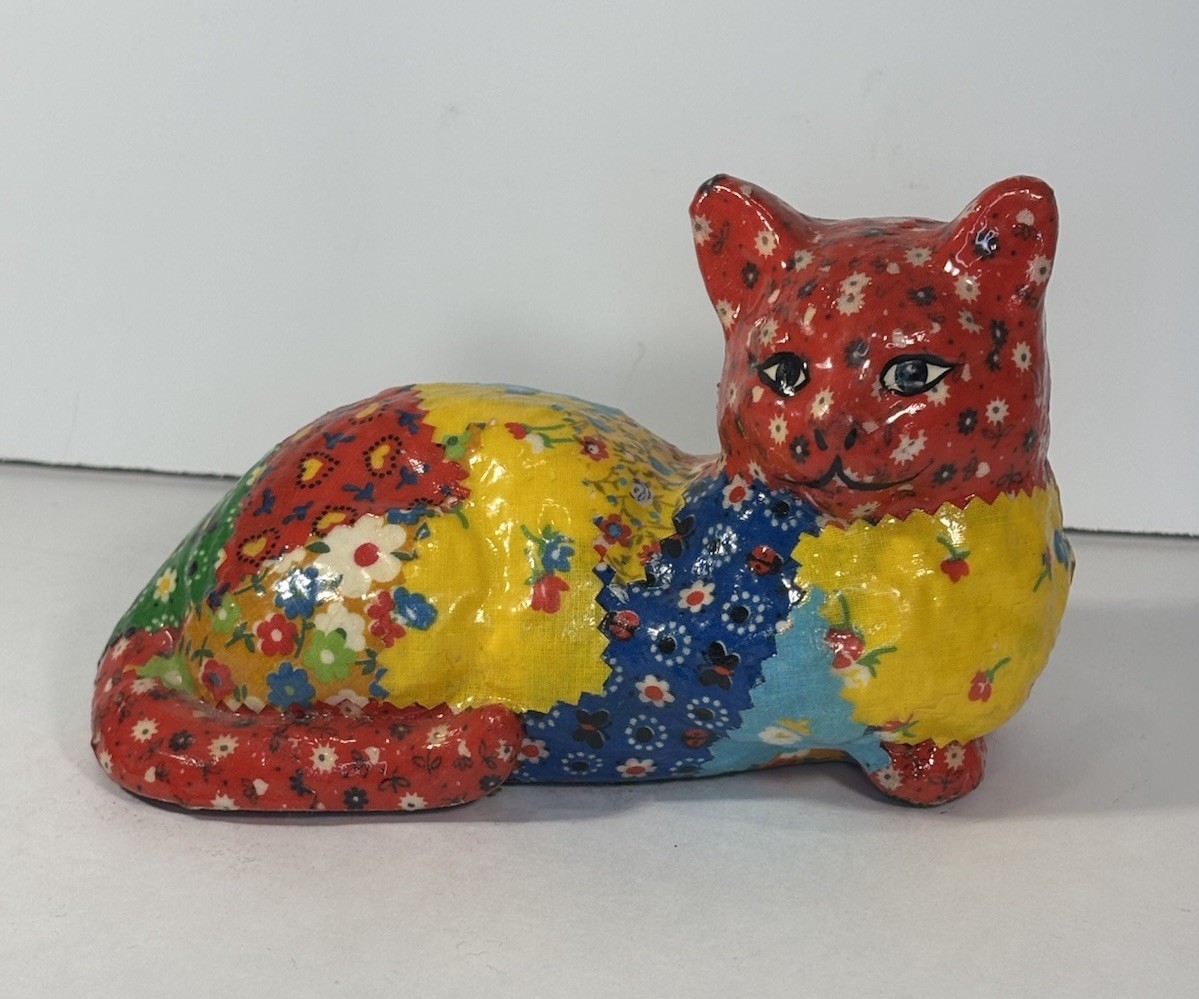 Vintage Colorful Decoupage Patchwork Cat by MAM Originals 6.25” Long 4” Tall