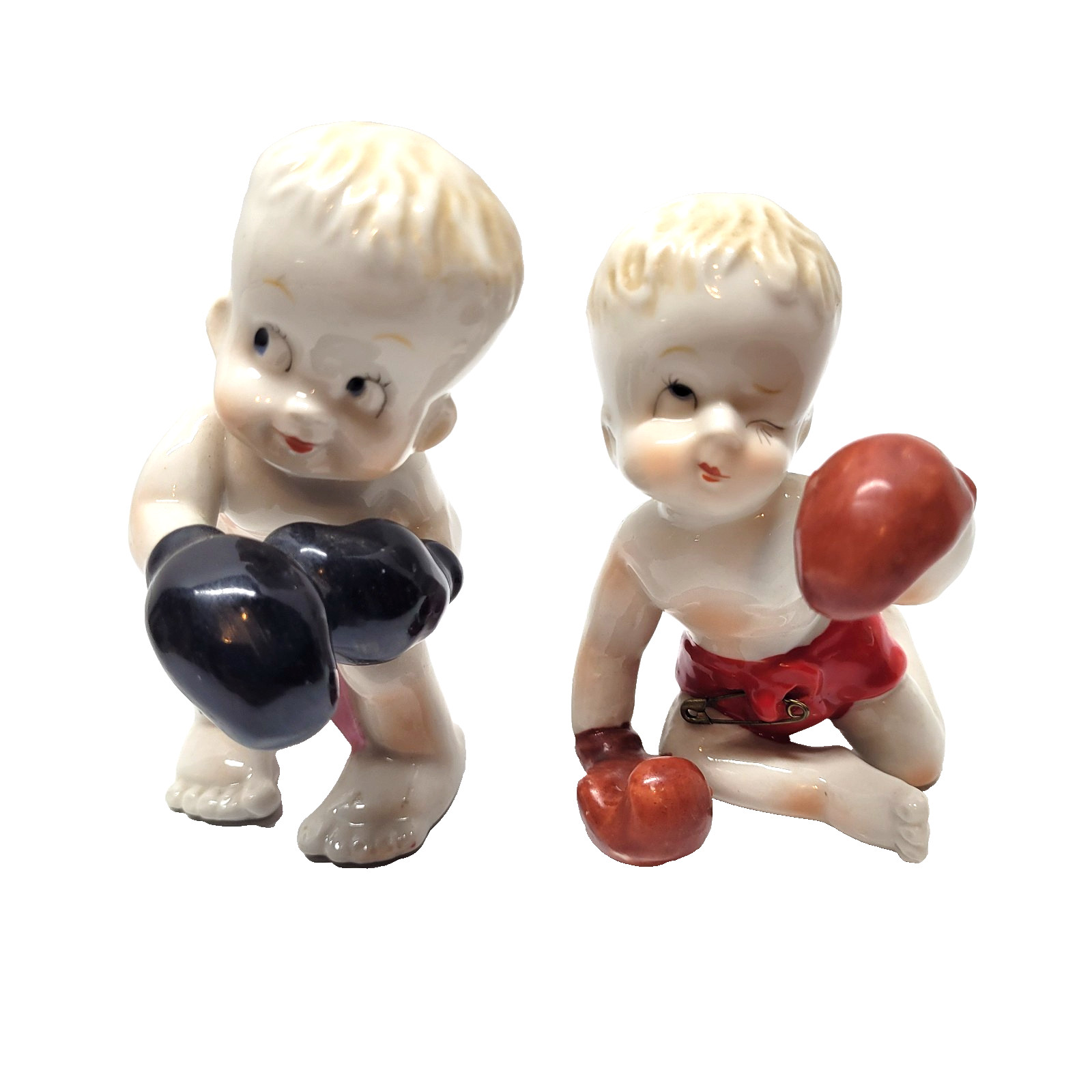 Vintage Japan Boxing Boys Figurine Set Matching 39 Kewpie Style Ceramic Boxer