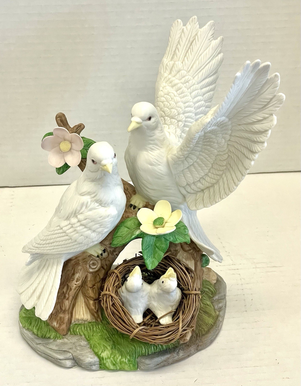 Doves with Baby Squabs Vintage Matte Porcelain Figurine Wellington Collection
