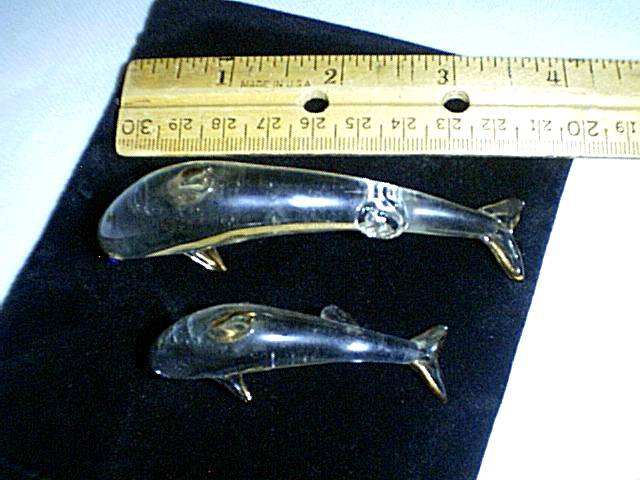 (2) Clear Crystal Dolphin Figurines with Blue Eyes & Gold Tipped Fins- off Stand