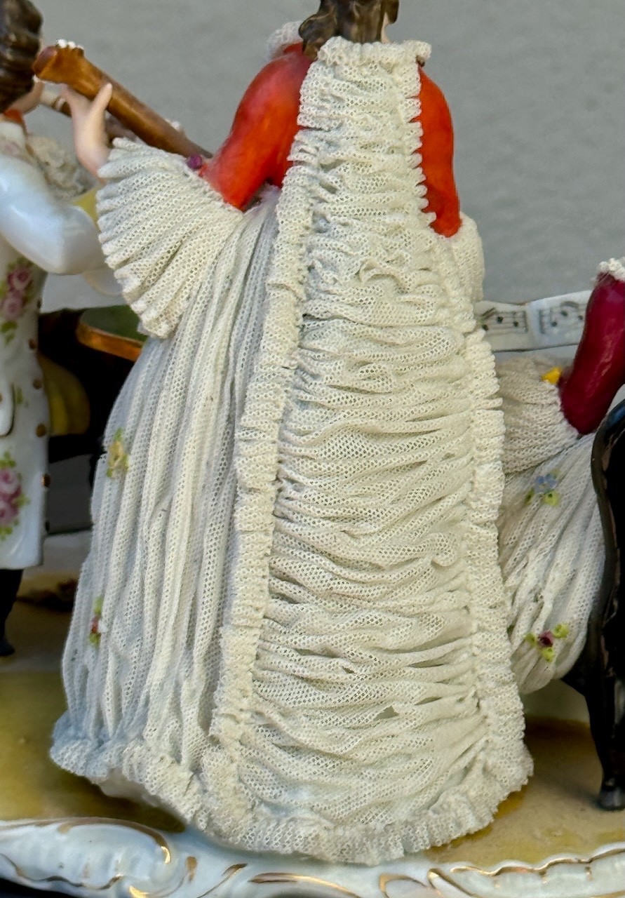 Vintage Dresden Lace Figurine–Three Musicians–WONDERFUL!!