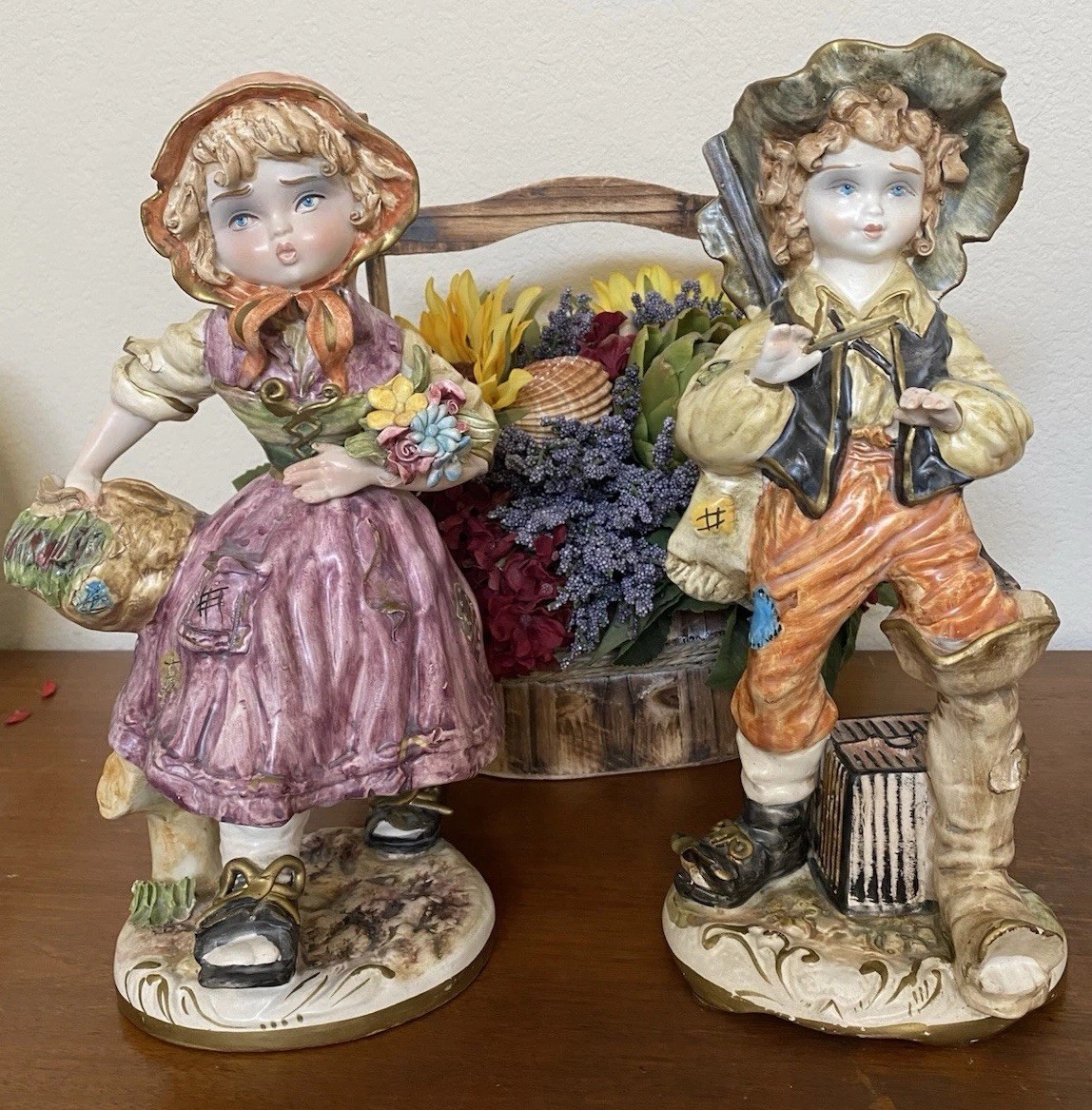 Vintage 2Pc Capodimonte Porcelain Peasant Boy & Girl 13.5” Inch Made in Italy