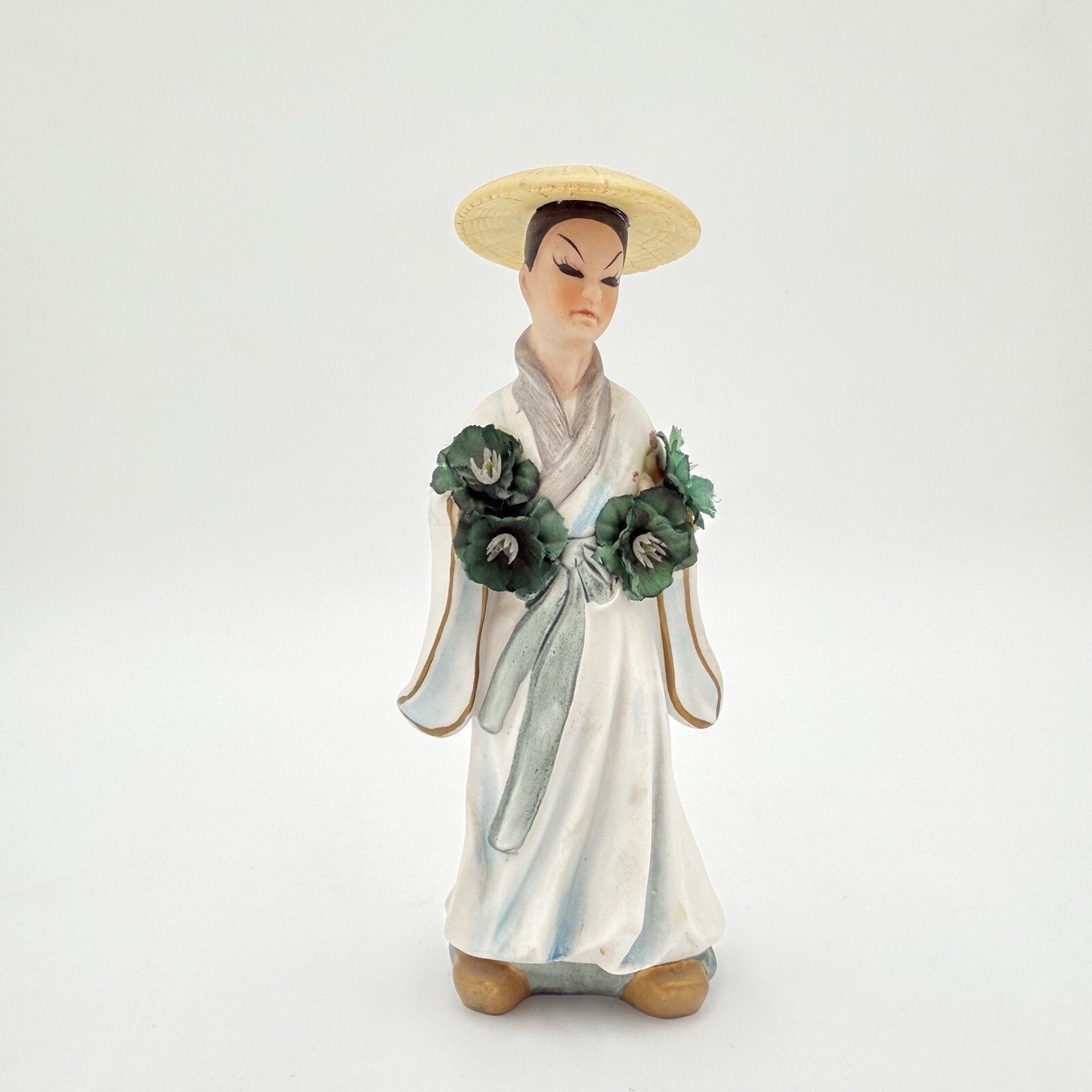 Vintage Lefton Asian Figurine Woman Flowers Porcelain Japan Hand Painted