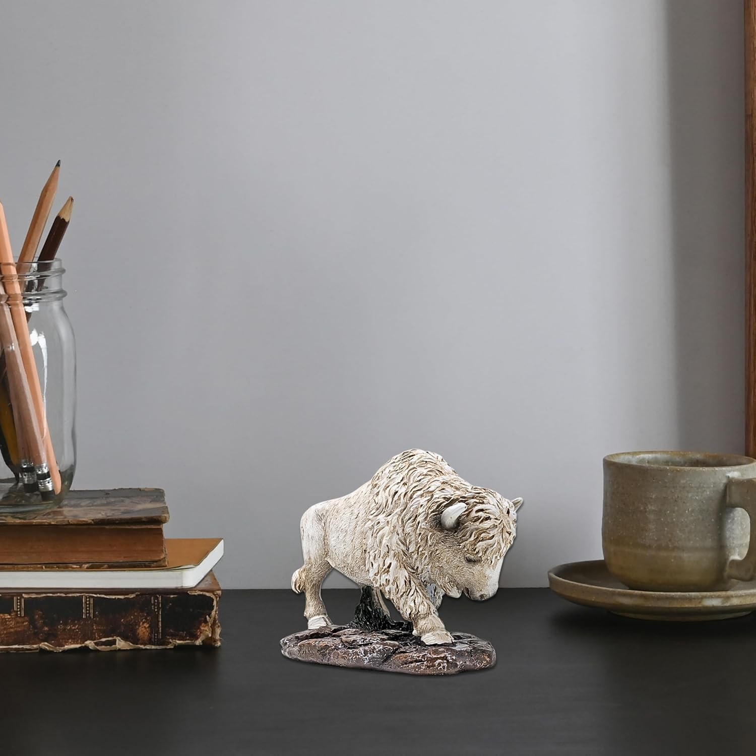 Small White Bison Figurine – Lifelike Resin Buffalo Décor for Home or Office