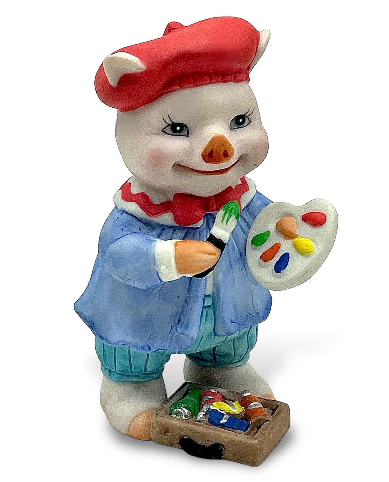 Vintage PIG TALES Figurine Bisque Porcelain Artist Paints Art Brushes Beret