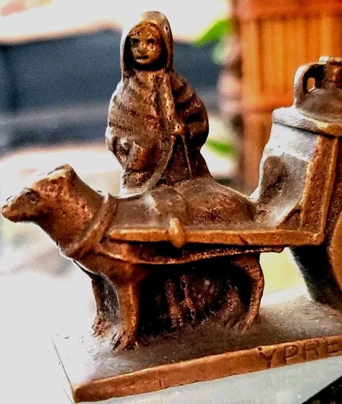 Dog Pulling Milk Cart Handmade Cast Bronze Heavy Marked YPRES Rare Vintage