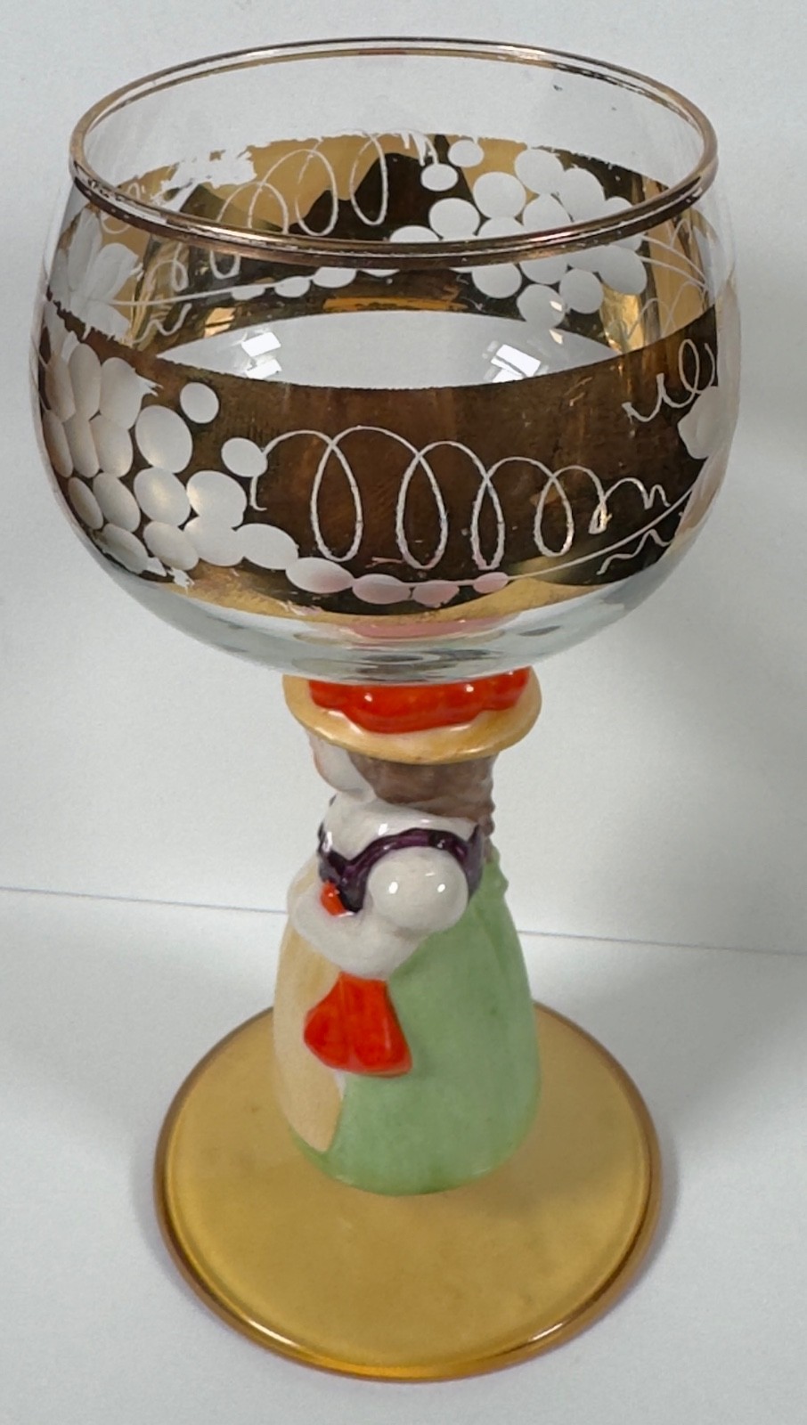 Goebel Hummel Figurine 14K Gold Etched Grapes Bavarian Woman Orange Hat glass