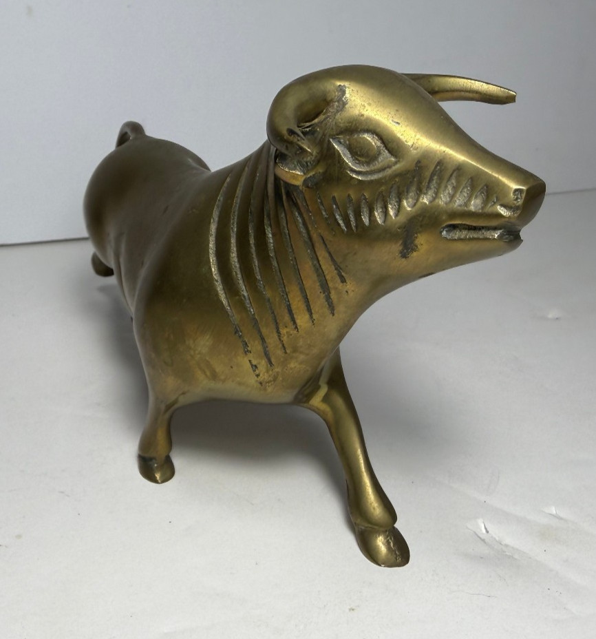 Vintage Brass Bull Figurine Running Cow Ox Statue 8.5″ Long