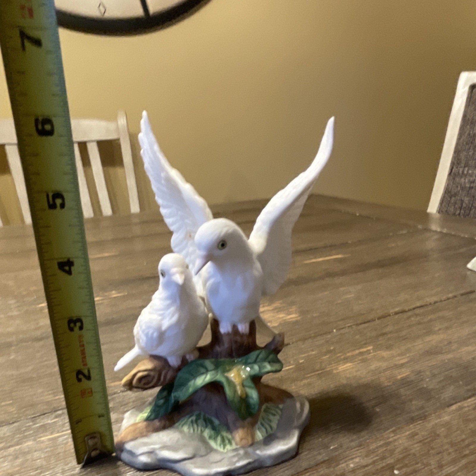 Ceramic Bird Figurine with Two White Doves, Painted White, Green, Brown