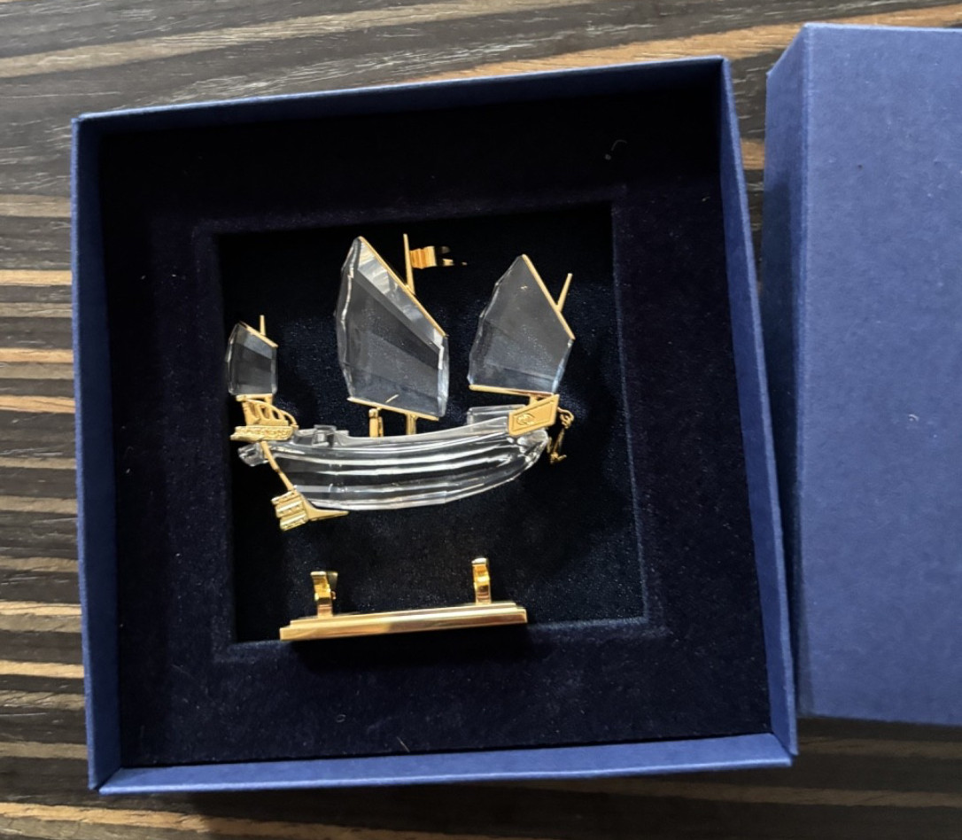 Swarovski Crystal Chinese Junk Ship Boat With Golden Stand