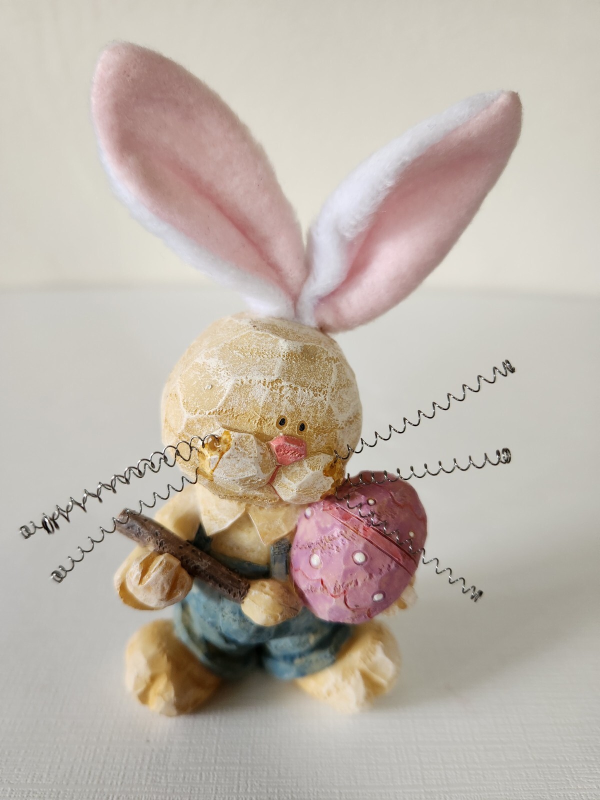 Easter Bunny Rabbit Spring Resin Figurine Fabric Ears & Spring Whiskers EUC