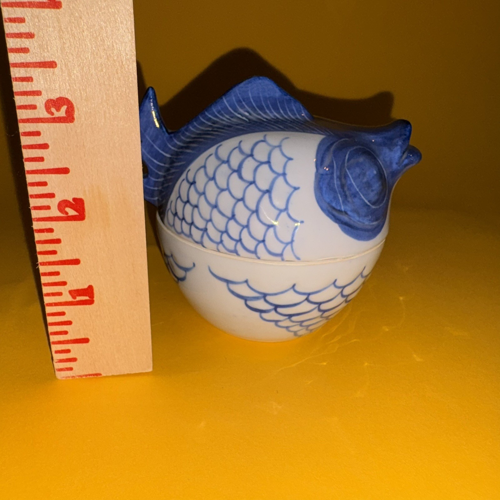 Vtg Thailand Ceramic Fish Box Blue White Hand Painted Pottery Trinket Container