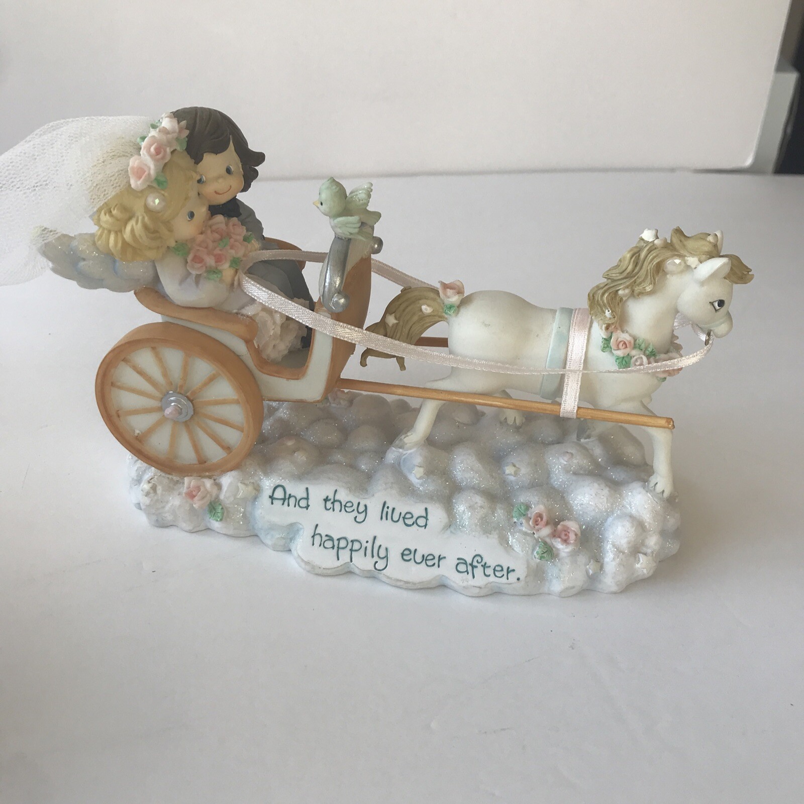 Porcelain Bride Groom Horse Drawn Carriage Lived Happily Ever After Cake Topper