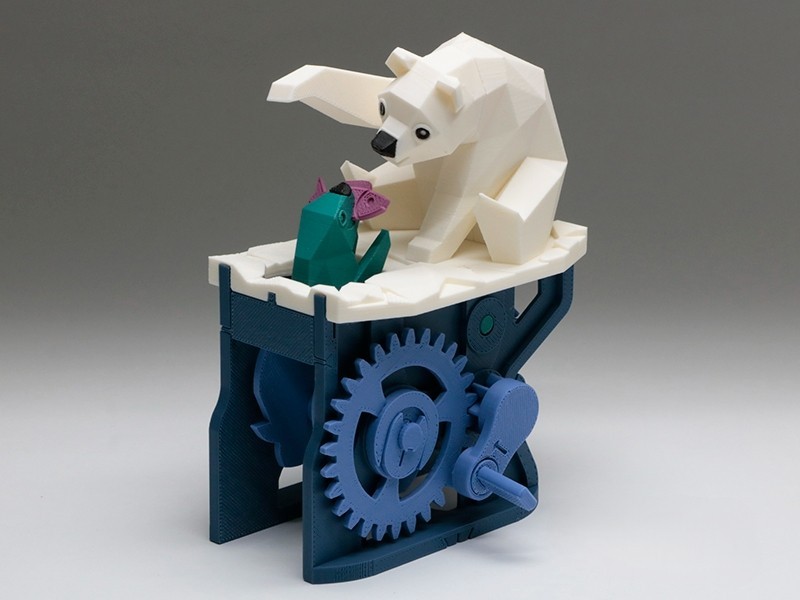 3D Printed Automata Polar Bear & Seal Diorama – Hand Crank Kinetic Art Figurine