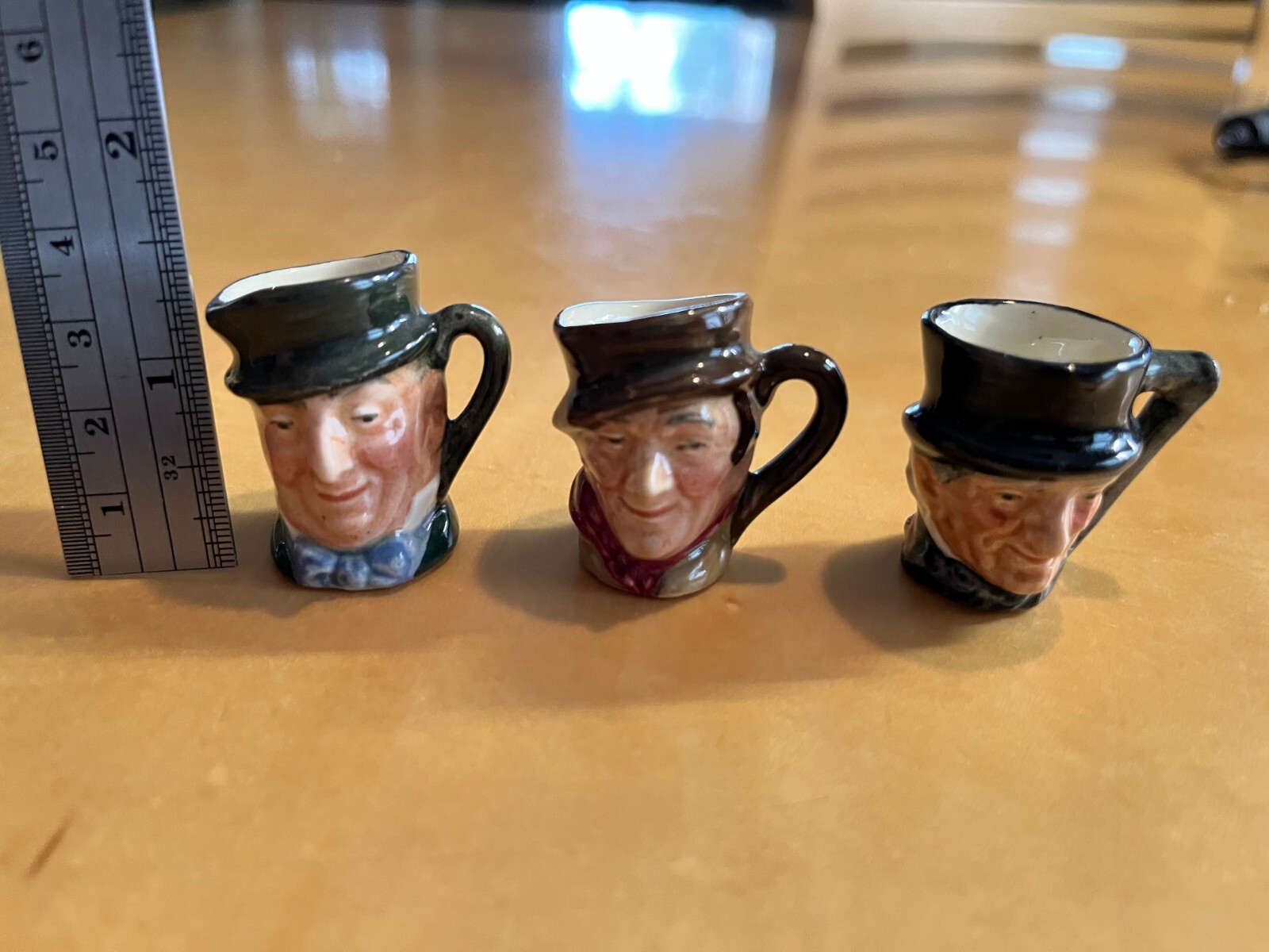 (3) Royal Doulton Tiny Toby Jugs / Mugs- Sam Weller, Micawber, John Peel 1-1/4″