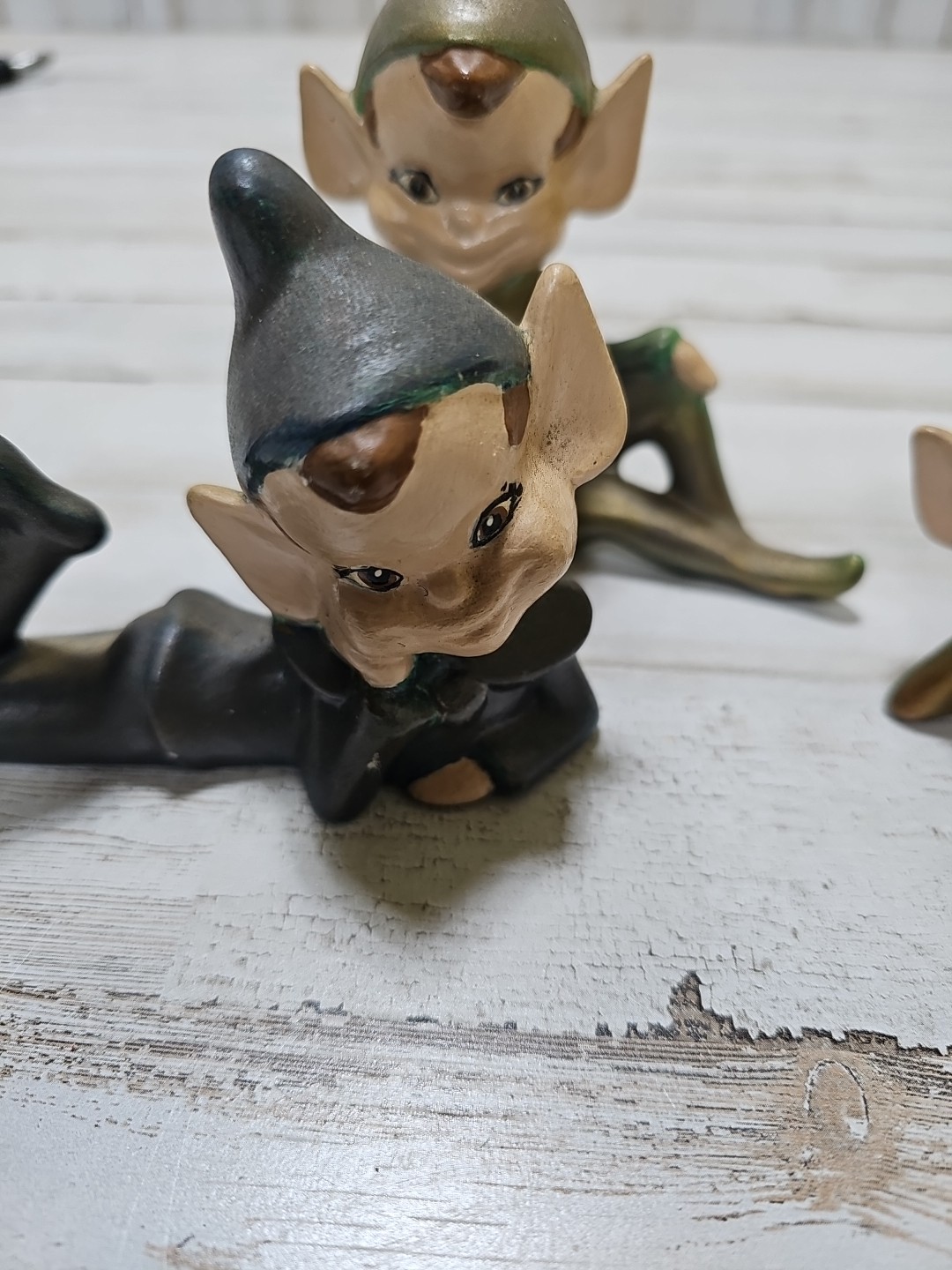 Vintage Ceramic Pixie Elf Figurine Knee Up Pointed Ears MCM Decor Lot Of 3