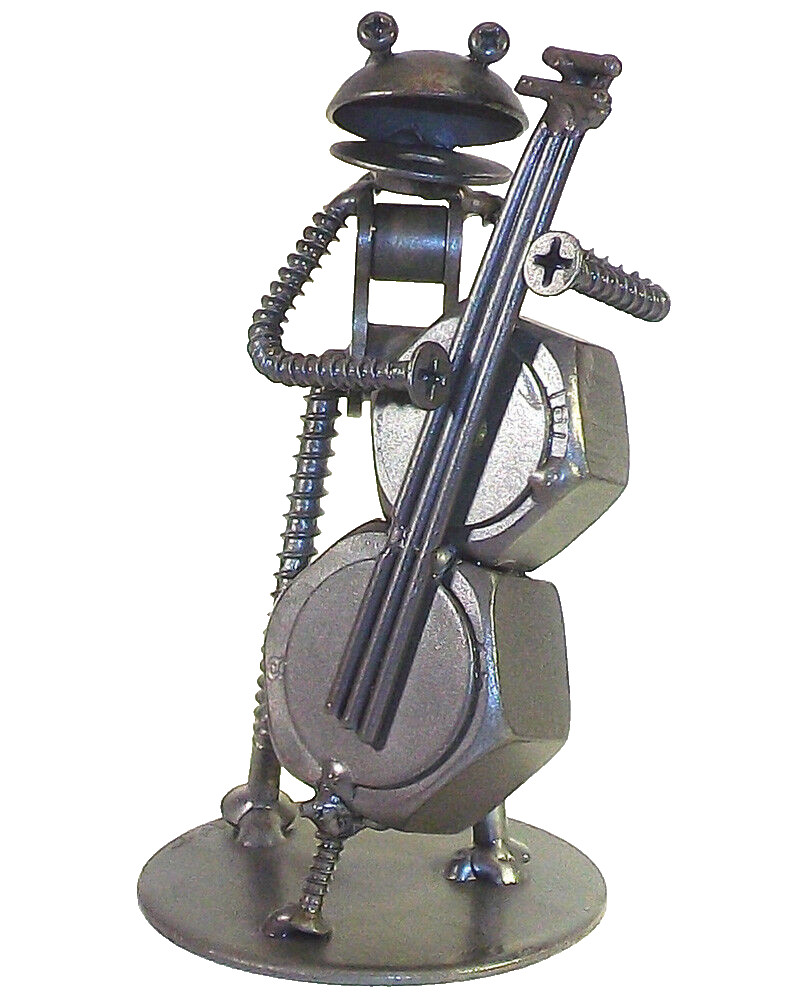 Frog Bass Player Hand Crafted Recycled Metal Rock Band Art Sculpture Figurine