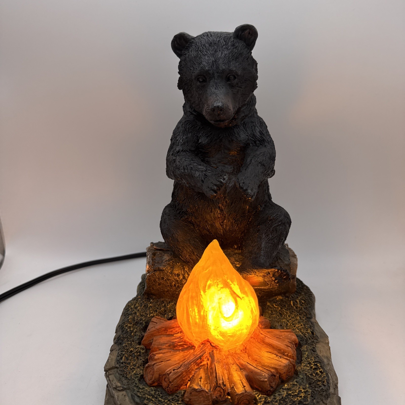 Ebros Rustic 10” Black Bear On Log Warming Paws By Campfire Night Light Statue