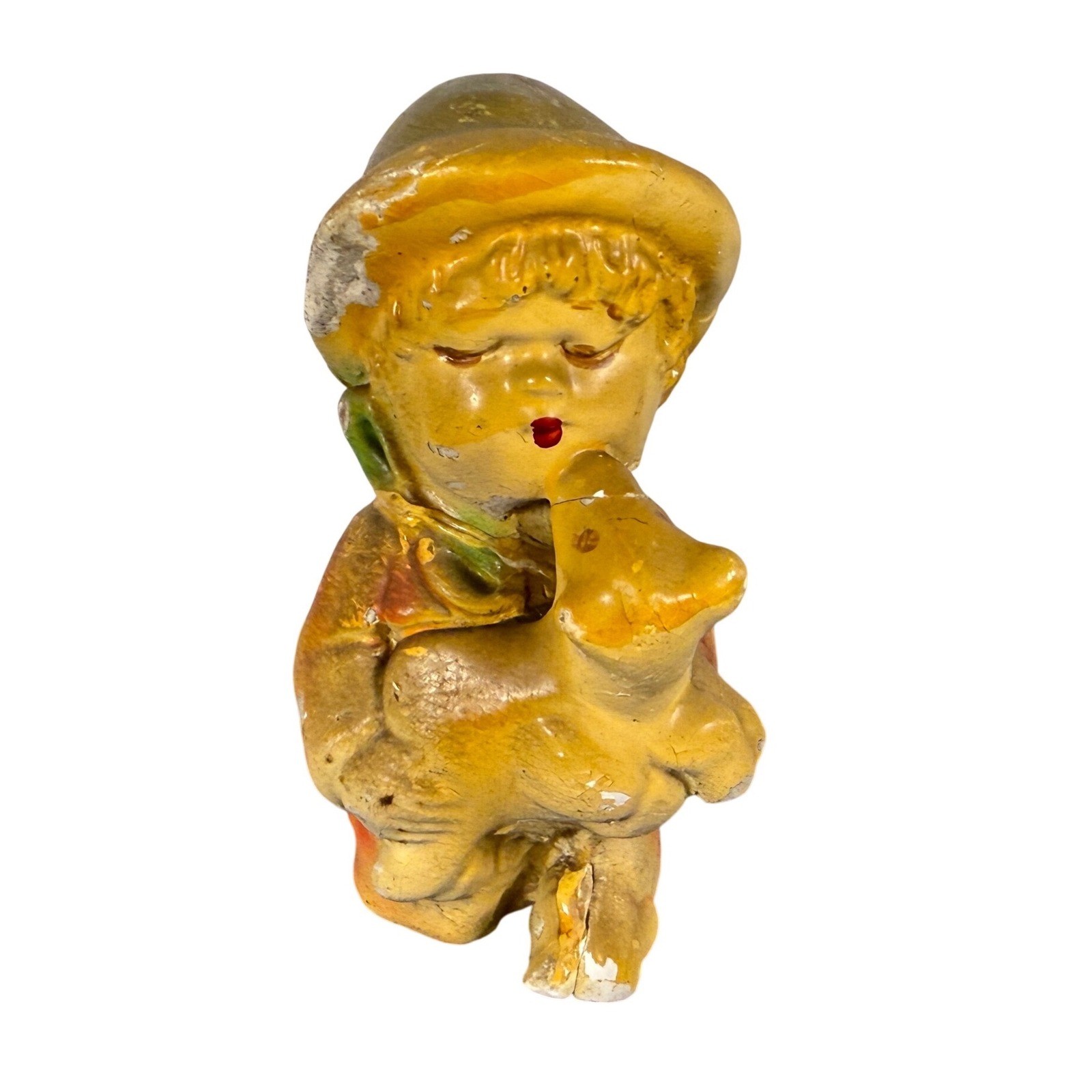 Vintage Chalkware Boy Figurine Holding Animal Mid-Century Carnival Prize 3.75″