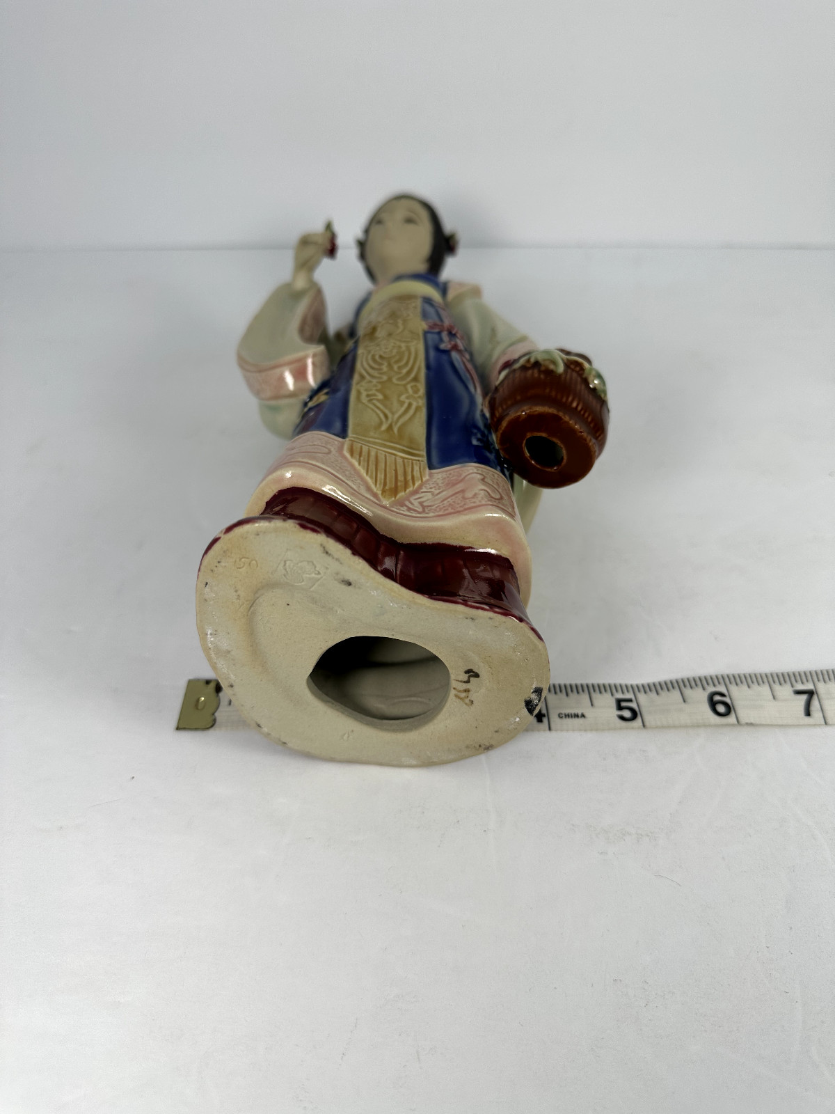 Vintage Japanese Ceramic Statue Girl with Flowers 10″ Tall Matte & Glossy Finish
