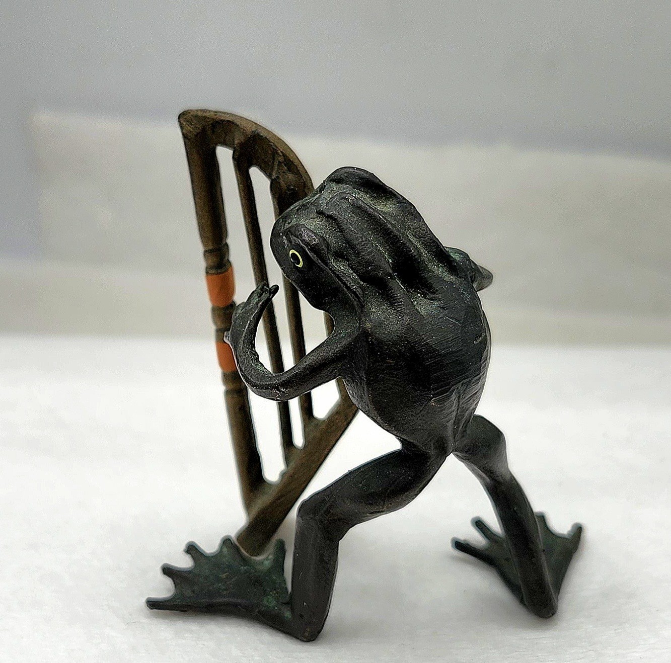 Antique Miniature Cold Painted Bronze Minstrel Frog Playing Harp