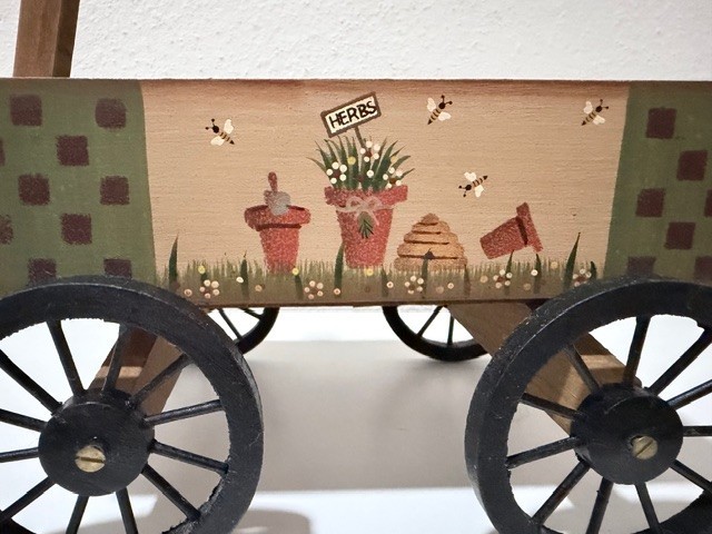 Folk Art Wooden Decorative Wagon Cart • Hand‑Painted Garden Theme • 7.5″ Long