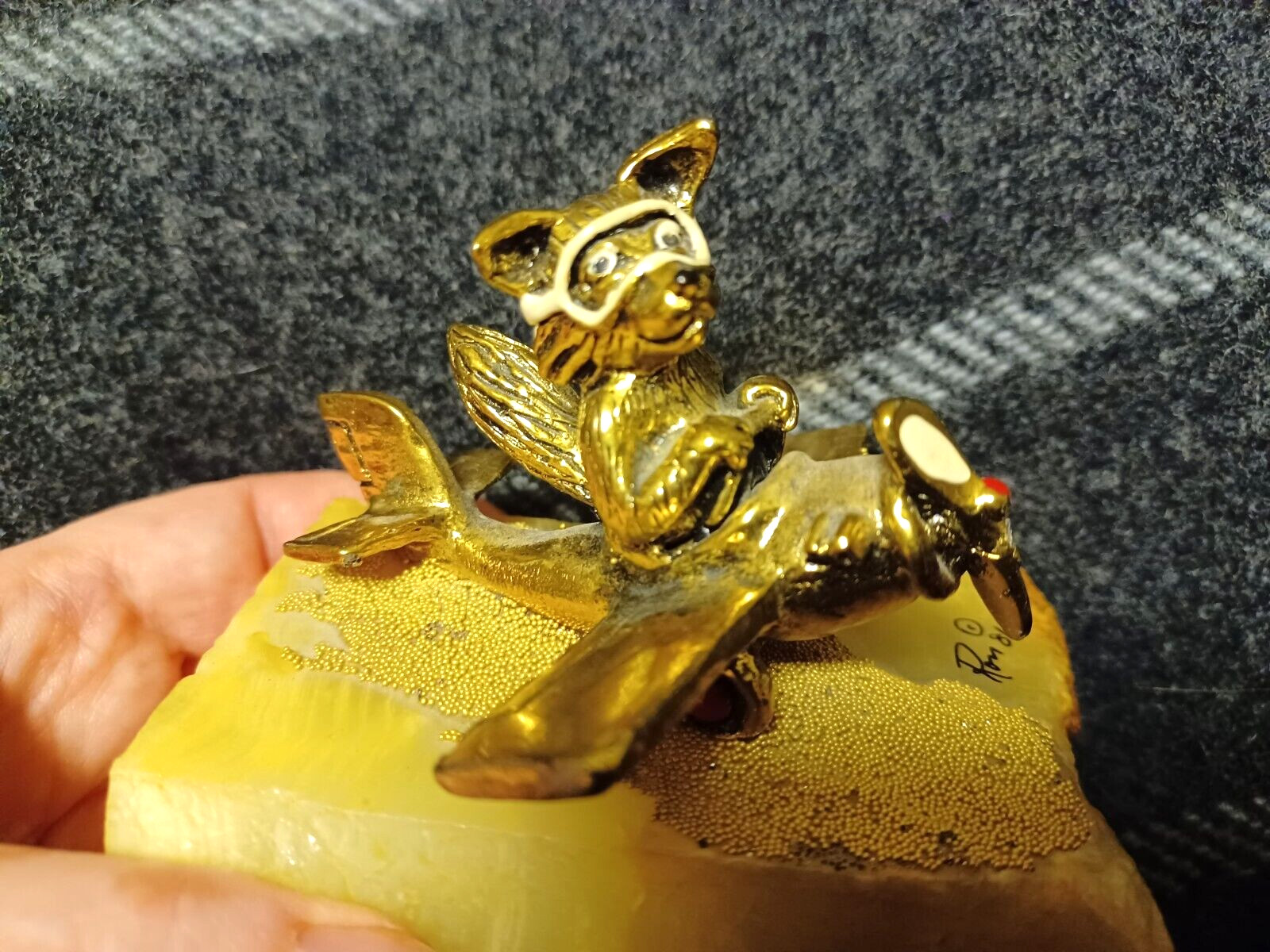 RARE Vtg Ron Lee Airplane Wolf coyote 24k Gold Plated Brass Figurine onyx base