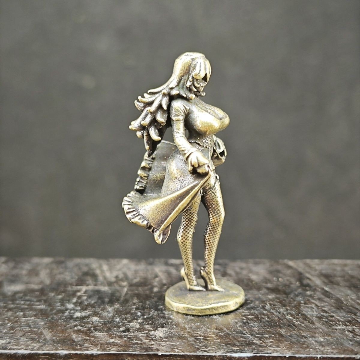 Brass Beauty Lifting Dress Mini Statue, Cute Anime Girl with Black Stockings