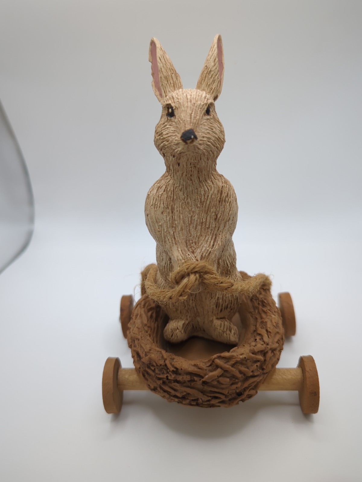 Rabbit Resin Sitting In Or Out of Resin Wagon W/Wooden Wheels Figurine