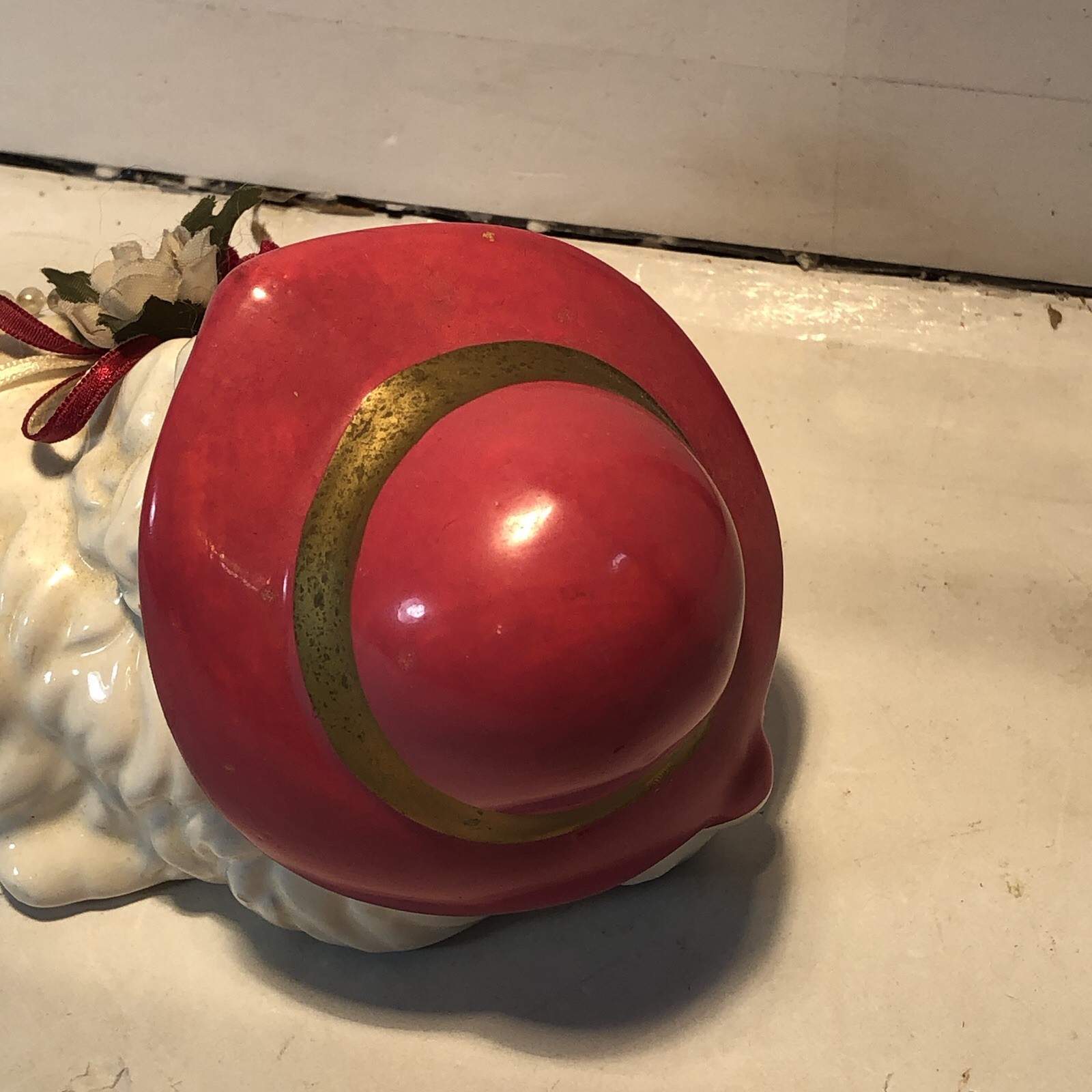 Ceramic Sleeping White Dog Figurine w Pink Hat and Sprig of Flowers Taiwan