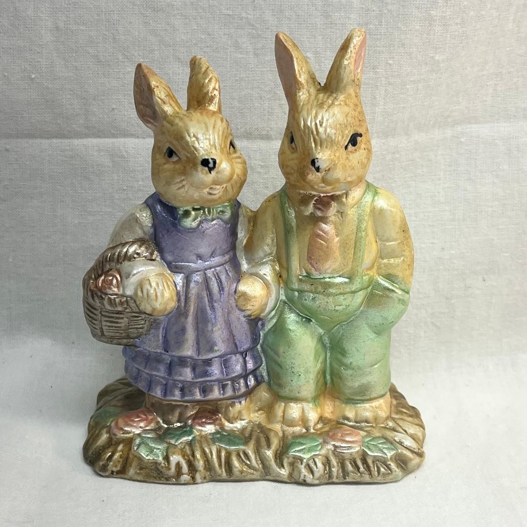 VTG K’s Collection Metallic Painted Clothed Rabbits Flora Ceramic2″Wx3 1/2″Lx4″H