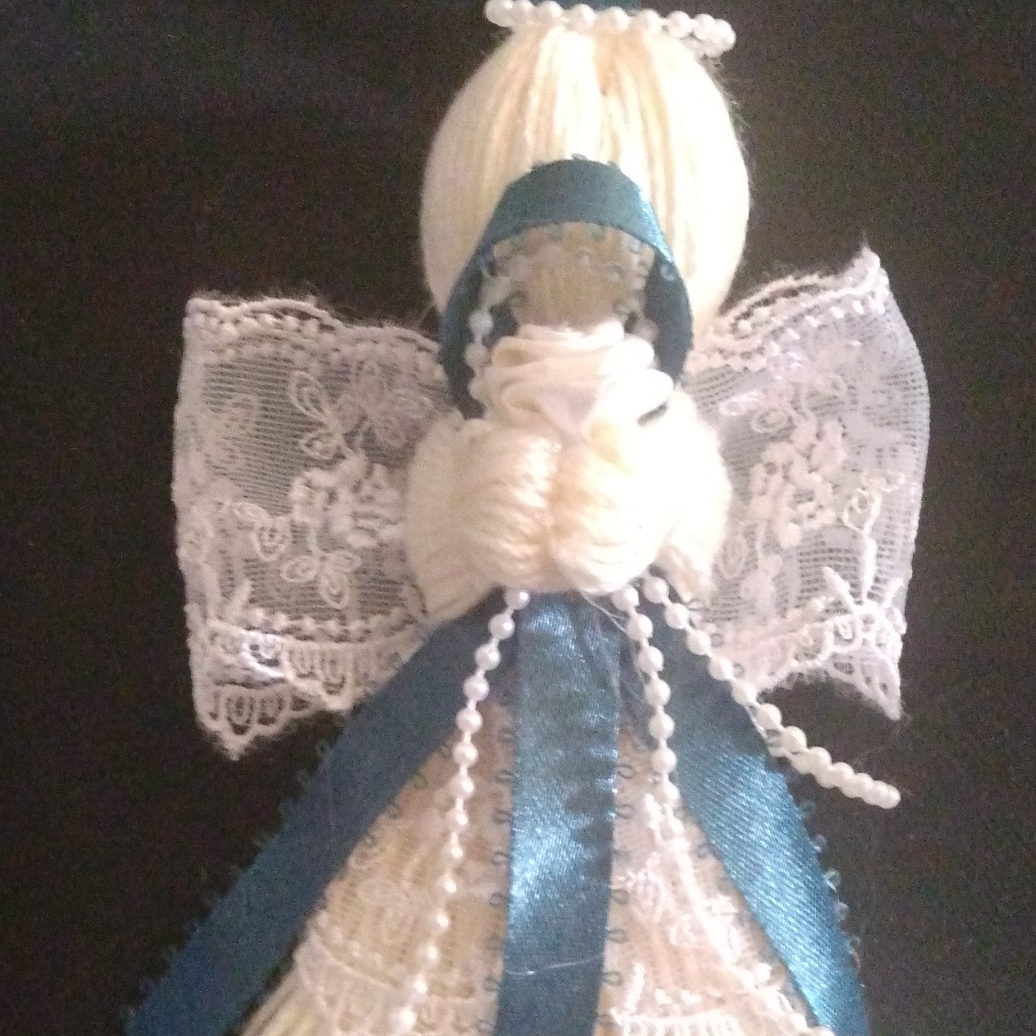 Handmade Yarn Lace Angel Figurine with Blue Ribbon, White, Kids, All Occasions