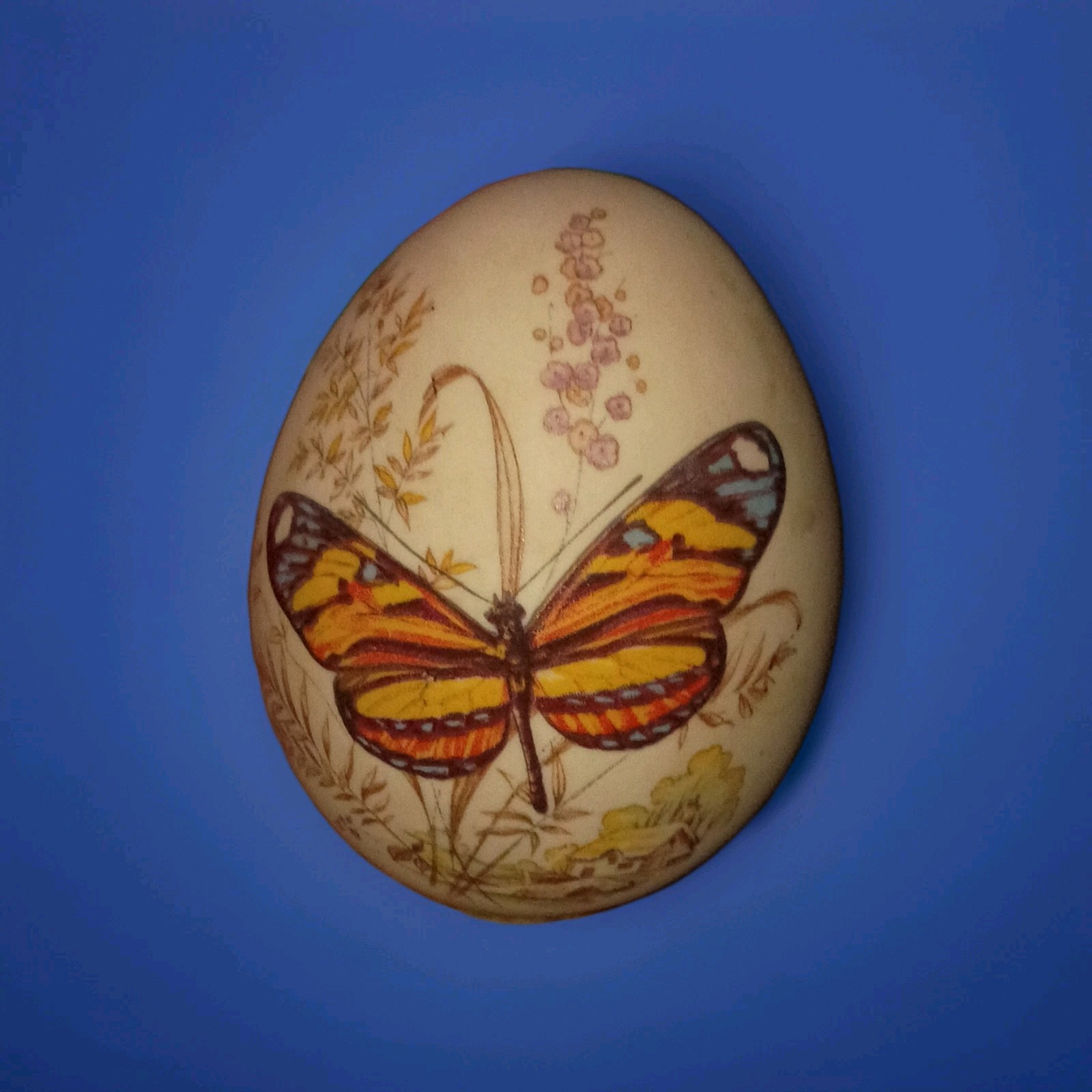 Painted Ceramic Collector Egg Figurine, Beige Multicolor Butterfly Design