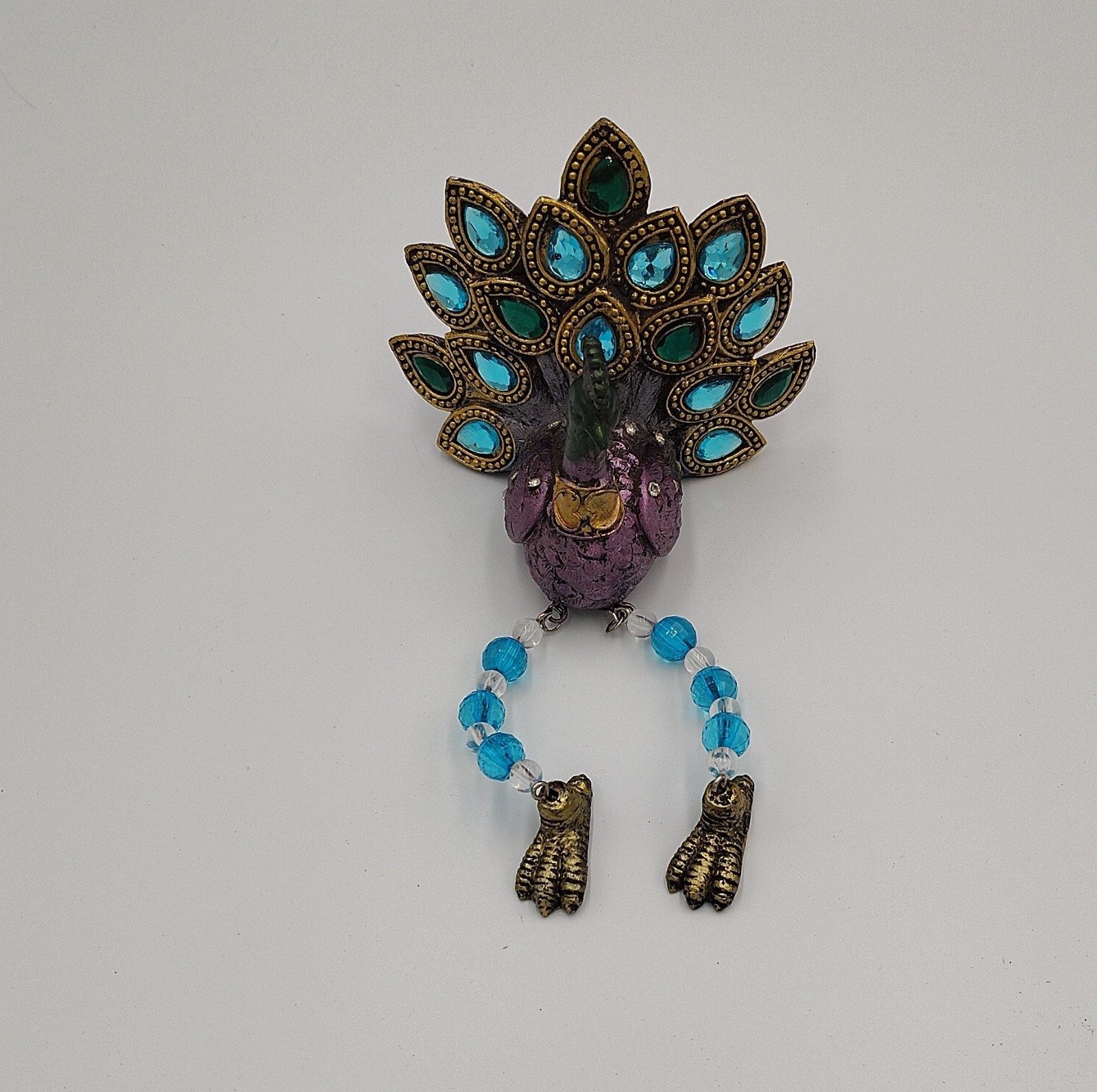 Hand Painted Peacock Figurine Purple Blue Gold Metal Plastic Animal Sculpture